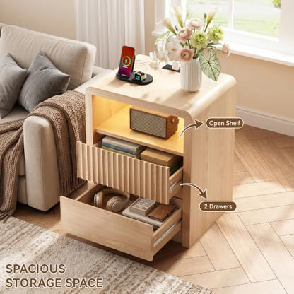 LYNSOM Fluted LED Nightstand Set of 2, Charging Station & 2 Drawers, Oak | Mid Century Modern Night Stand with Stoarge, Wood Bedside End Table with Curved Edge for Bedroom, Living Room, Office, 20" W - color: Oak, size: 2 Drawers