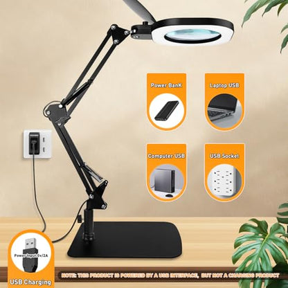 15X Magnifying Lamp with Light,5-Inch Optical Glass Lens, 3-in-1 Desk/Clamp/Floor Stand, LED Lighted Magnifier, Stepless Dimming for Close Work, Crafts, Repair, Reading, Sewing, Black - color: Black