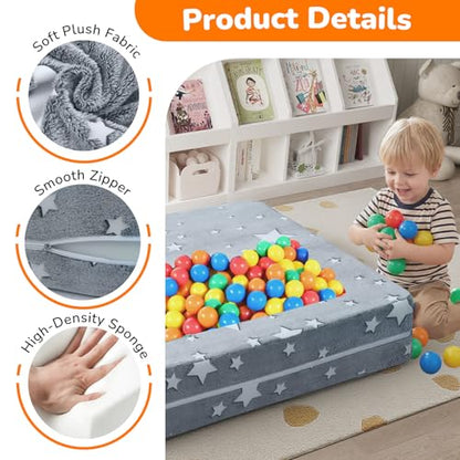 MeMoreCool Glow in Dark Star Kids Couch, Fold Out Foam Play Sofa, Grey | Glow in dark star kids couch, grey foam sofa folds out for playroom fort building play - color: Stars