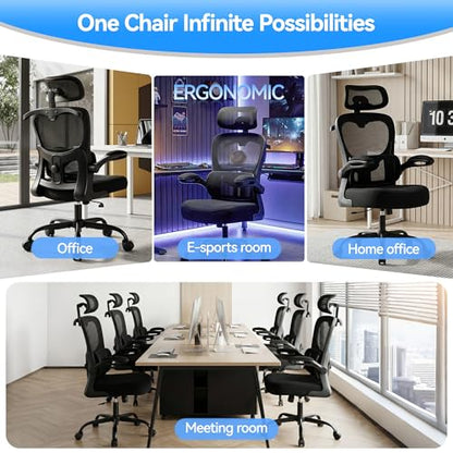 Office Chair-Ergonomic Desk Chair with Hidden Hanger & Flip-Up Arms, High Back Mesh Computer Chair with 2D Headrest & Adjustable Lumbar, Comfy Rolling Task Chair for Home Work Gaming, Black - color: Black