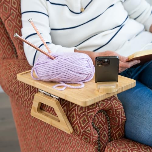 Bamboo Couch Arm Table with Device Holder, Clip On Tray. for TV Dinners, Remotes, Drinks, Snacks and Small Spaces (Rectangular with Device Holder, Beige, Regular 13.75 x 9.5) - color: Beige, size: Regular 13.75 x 9.5", style: Bamboo Rectangular with Devic
