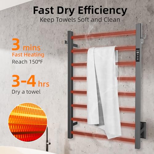 P&Dlusir EL18 Towel Warmer, 8 Bar, Matte Black | Heated Towel Rack, Fast Heat & Fast Dry, Smart Timer & Thermo Control, Stainless Steel, Hard-Wired/Plug-in - color: Matte Black, size: 8 Bar