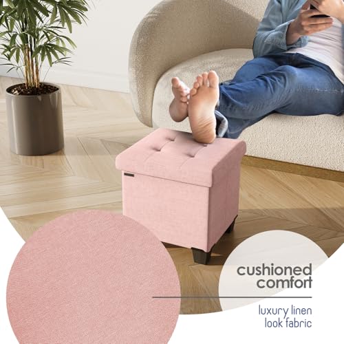 Storage Ottoman Cube with Small Bin, 15-in Square Ottoman with Storage for Living Room and Bedroom, Small Ottomans Foot Rest, Fabric Foot Stools Ottomans Max 330lbs, Pink - color: 10 - Pink