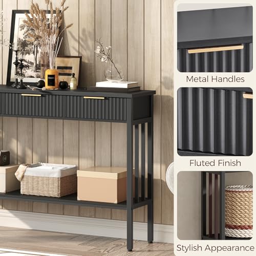 MAHANCRIS 47.2" Console Table with 3 Drawers, Fluted Black Entryway Table | Narrow Long Entry Table with Storage Shelf, Sofa Table for Entryway, Living Room, Foyer, Hallway, Office, Black Gold CTHB5201 - size: 11.8"D x 47.3"W x 32.3"H