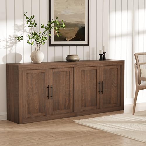 Garvee 70.8 in Sideboard Buffet Cabinet with Storage, Mid Century Modern Accent Cabinet with 4 Wooden Doors, Coffee Bar Credenza for Living Room, Dining Room, Hallway, Brownish Red - color: Brownish Red, size: 4 Wooden Doors
