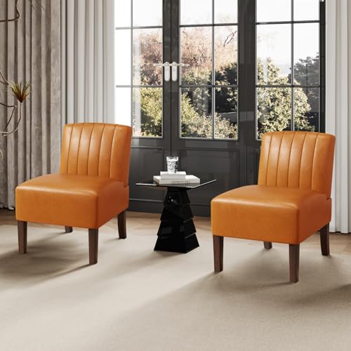 VIRRMO Armless Accent Chairs Set of 2 Upholstered Dining Chairs Living Room Chairs with Solid Wood Legs Bedroom Chair Leather Reading Chair Comfy Chair for Bedroom Vanity Kitchen (Brown) - color: Leather-brown