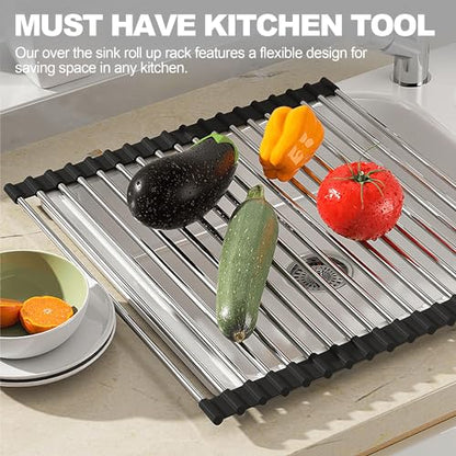 NEZUIBAN Dish Drying Rack with Roll Up and Over Sink for Kitchen,17.5"x15.7",Black - size: 17.5"x15.7"