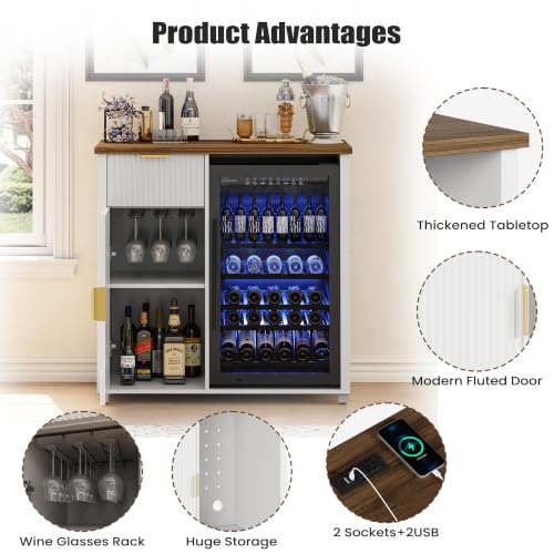 Apicizon Coffee Bar Cabinet with Fridge Space, Modern Fluted Coffee Station with Wine Beverage Storage, Drawer, Glass Holder, Wood Buffet Sideboard Table for Kitchen, Dining Room, 41.33" L, White - color: White
