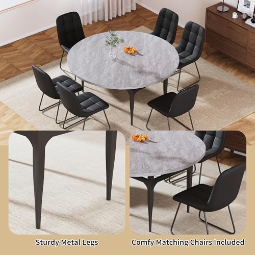 HIPIHOM 55‑Inch Extendable Dining Table Set with 6 Upholstered Chairs and Metal Frame for Dining Room - color: Grey/Black