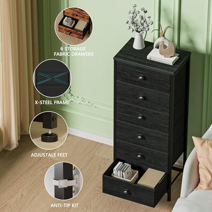 Tall Dresser with 6 Drawers,Vertical Chest of Drawers and Nightstand for Bedroom with Fabric Drawer Organizer Unit in Living Room,Closet,Entryway,Hallyway