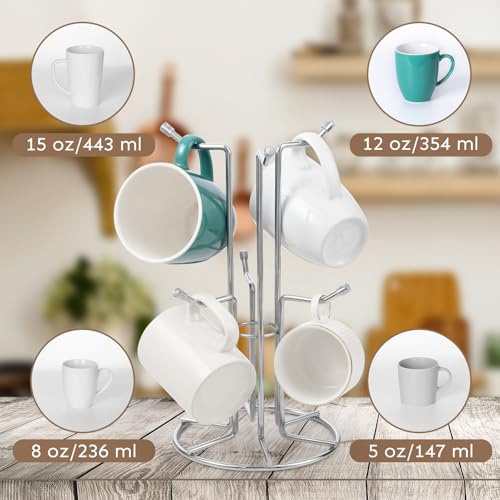HULISEN Mug Tree for Large Cup, 6 Hook Countertop Coffee Mug Holder, Silver | Cup Rack for Counter, Stable Wide Base, Metal Stand for Kitchen Coffee Bar Display, Space-Saving, No Assembly Required - color: Silver