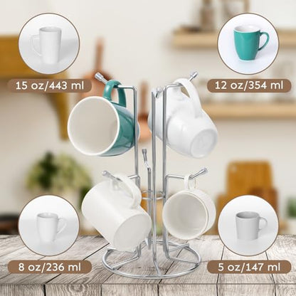 HULISEN Mug Tree for Large Cup, 6 Hook Countertop Coffee Mug Holder, Silver | Cup Rack for Counter, Stable Wide Base, Metal Stand for Kitchen Coffee Bar Display, Space-Saving, No Assembly Required - color: Silver