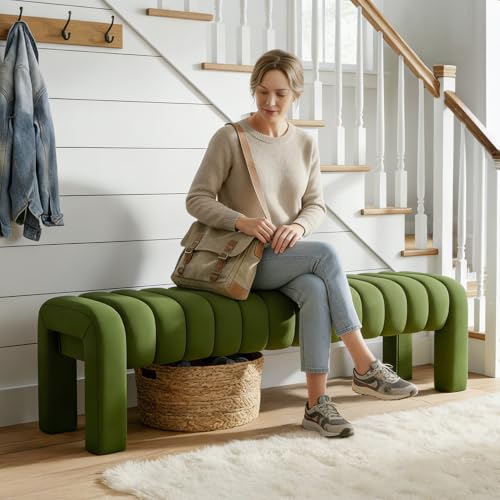 63” Dining Room Bench, Olive Green Tufted Upholstered End of Bed Bench, Modern Entryway Ottoman Window Seat with Solid Wood Legs and Padded Seat for Bedroom, Hallway and Living Room (Velvet) - color: Olive Green Velvet, size: 63"