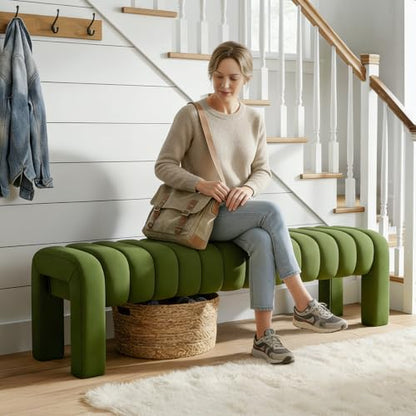 63” Dining Room Bench, Olive Green Tufted Upholstered End of Bed Bench, Modern Entryway Ottoman Window Seat with Solid Wood Legs and Padded Seat for Bedroom, Hallway and Living Room (Velvet) - color: Olive Green Velvet, size: 63"
