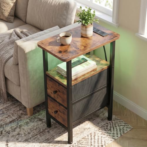 Narrow End Table with Charging Station, Small Nightstand | Skinny Side Tables Living Room with 2 Fabric Drawers, Bedside Table with LED Lights for Bedroom, Small Spaces, Rustic Brown - color: Rustic Brown + Black, size: 23.22''H (2 Drawers), style: Power