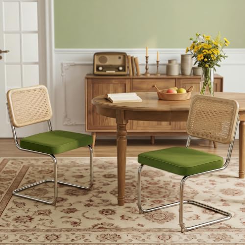 Rattan Dining Chairs Set of 2,Velvet Cesca Chair Kitchen Chair,Olive Green | VICBARLEY Mid Century Modern Dining Chairs,Wood Cane Backrest&Chrome Base,Upholstered Side Chair for Dining Room,Kitchen - color: Olive Green, size: Set of 2