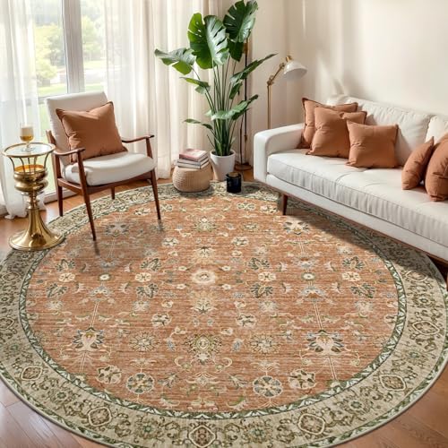 Tangsoo Vintage Round Rug 6ft Washable Circle Rug, Non Slip Large Round Rug | Farmhouse Terracotta Floral Circular Rugs,Boho Soft Low Pile Round Carpet for Bedroom,Living room,Dorm,Office,Dinning Room - color: Terracotta Tangerine, size: 6' X 6' (Round)