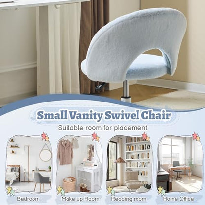 VINGLI Small Vanity Chair with Faux Fur Wheels for Girls,Cute Adjustable Height Armless Office Desk Chair,360°Swivel Comfy Rolling for Study,Make up Room,Small Space,Blue - color: Furry Blue
