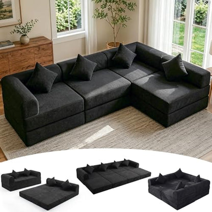 112" L Shaped Modular Sectional Sofa with Ottoman, Cloud Boneless Couch Deep Seat with 4 Pillows, Oversized Folding Sofa Bed Couches for Living Room Bedroom,No Assembly-Black - color: Solid Black, size: 4 Seat