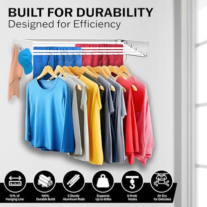 Wall Mounted Drying Racks for Laundry (31.5 Inches Wide) – Retractable Clothes Drying Rack Wall Mounted with Carbon Steel Panel 6 Knobs & 5 Aluminium rods, Wall Drying Rack with Screws (White) - color: White