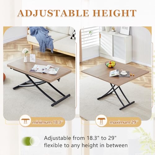 Adjustable Height Coffee Table, Folding Dining Table, Wood & Black | Convertible lift top table for use as a coffee table, dining table, home office desk or vanity - color: Wood & Black Legs