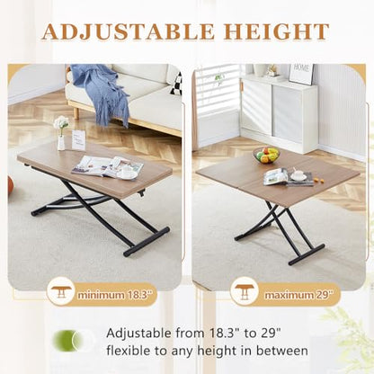 Adjustable Height Coffee Table, Folding Dining Table, Wood & Black | Convertible lift top table for use as a coffee table, dining table, home office desk or vanity - color: Wood & Black Legs
