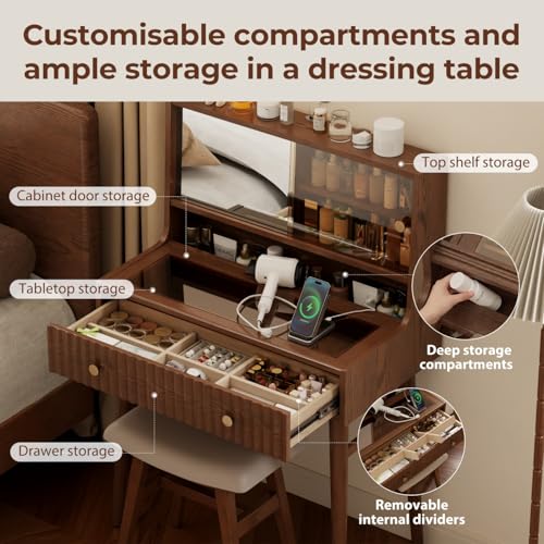 Large Vanity with Mirror and Power Outlet, Wood Vanity with Chair, Makeup Table Sets for bedrooms and bathrooms, Walnut Dressing Table - size: 1 desk + 1 chair