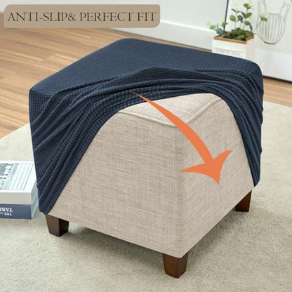 Ottoman Cover Square Storage Ottoman Slipcover Jacquard Stretch Footrest Stool Covers with Elastic Band Cube Storage Stool Ottoman Covers Footstool Sliocovers Protection Navy - color: Navy