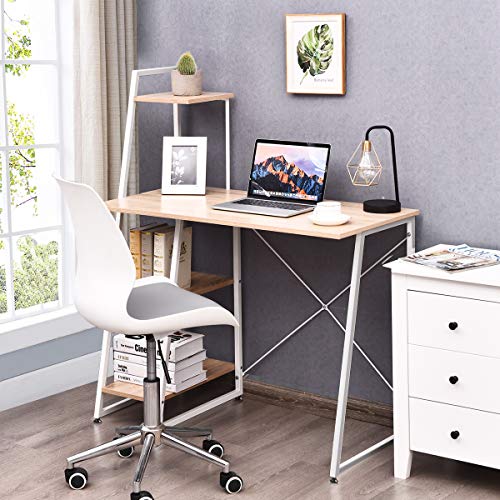 Tangkula Computer Desk with 4 Tier Shelves, Writing Desk Study Desk, Compact Computer Desk Workstation with X-Shaped Metal Frame & Adjustable Foot Pads, Home Office Desk (Natural) - color: Natural & White