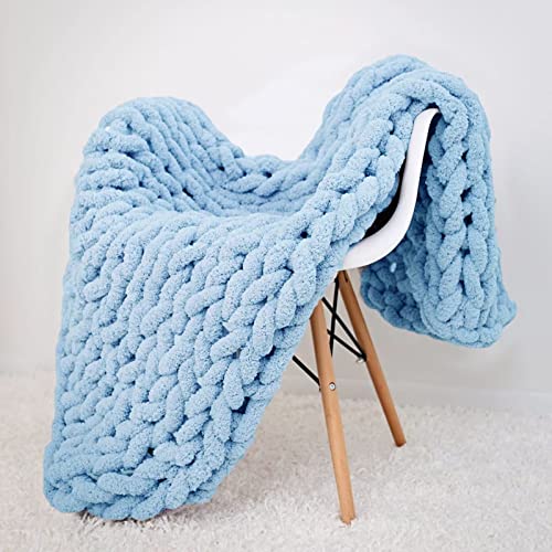 Chunky Knit Blanket Light Blue Chenille Yarn Tight Chunky Knit Throw Blanket for Sofa Bed 39x39 Handmade Boho Bed Throw - color: Light Blue, size: 39x39"