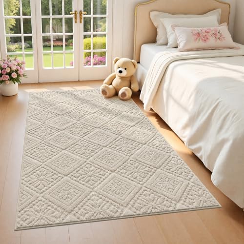 U'Artlines 3x5 Beige Washable Area Rug for Living Room | Soft Fluffy, High Low Textured Carpet, Modern Neutral, Geometric, Non Slip Rugs for Bedroom, Dining Room, Kids Room - size: 3 x 5ft