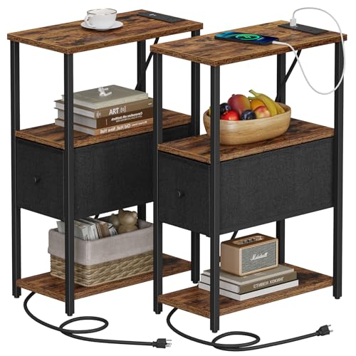 TUTOTAK Small Narrow End Table with Charging Station, Set of 2 | Side Table with Outlets, Nightstand with Cloth Drawer, Couch Table for Living Room, Bedroom, Brown and Black TB01BB058K - color: Brown and Black, style: 1 Drawer & Plug