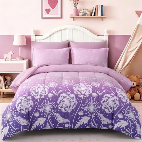 Dinjoy Girls Comforter Set 5 Pieces, Twin Size Colorful Ombre Rainbow Bedding Set, Bed in A Bag for Kid Teen Girls (1 Comforter, 1 Flat Sheet, 1 Fitted Sheet, 1 Pillow Shams, 1 Pillowcases) - color: Light Pink Purple, size: Twin