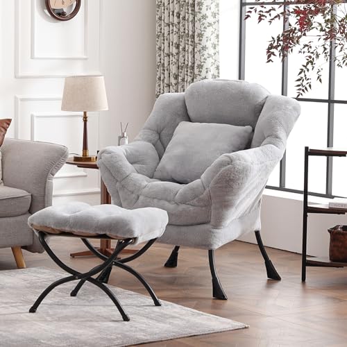 Lazy Chair with Ottoman, Plush Reading Chair with Pillow，Gray | Removable machine-washable cover; includes an extra throw pillow; cozy accent chair for living room, bedroom, dorm or office - color: Plush White Grey-1