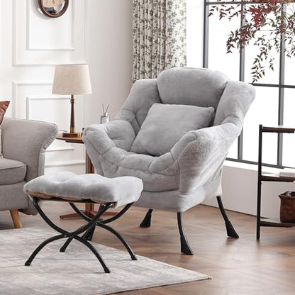 Lazy Chair with Ottoman, Plush Reading Chair with Pillow，Gray | Removable machine-washable cover; includes an extra throw pillow; cozy accent chair for living room, bedroom, dorm or office - color: Plush White Grey-1