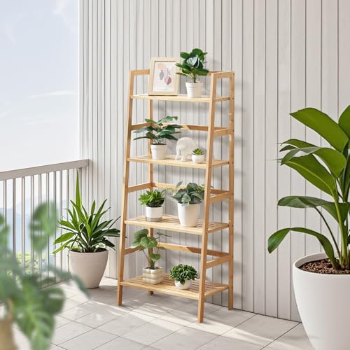 VEVOR 4-Tier Bamboo Ladder Shelf, Trapezoid Open Bookcase, Display Storage Rack Organizer, Freestanding Flower Plant Stand, Ladder Bookshelf Ideal for Bathroom, Bedroom, Office, Study, Natural - style: 4-Tier