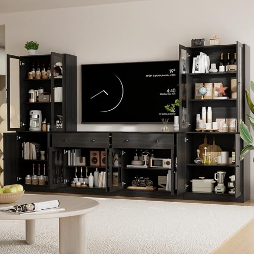 TUSY 71" TV Stand Storage Set - 2 Tall Bookcases & 2 Side Cabinets, Media Console with Glass & Wood Doors, Entertainment Center with Drawers, Tall Media Console for Living Room (Black, AFFA) - color: Black