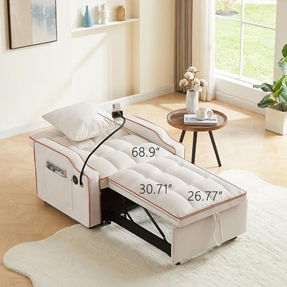 Eafurn Velvet Convertible Sleeper Chair Bed with USB Port & Phone Holder, 3-in-1 Pull Out Sofa Bed Chair, Multi-Functional Chair Bed with Adjustable Backrest & Side Pockets - color: Beige 33.85"