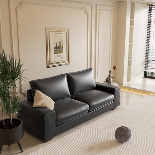 71.25" Faux Leather Loveseat Sofa Couch for Living Room, Black | Mid Century Modern Love seat with Wide Arm, Side Pockets, Deep Seat, Solid Wooden Frame for Office,Bedroom, Apart