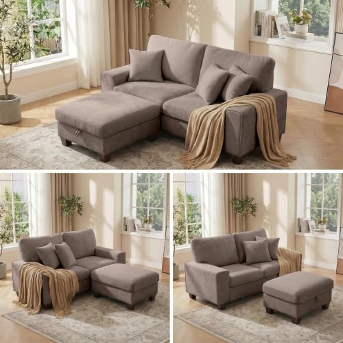 DOPEDIO 71.25" L-Shaped Sectional Couch with Storage Ottoman, Brown | L-shaped sectional sofa with storage ottoman, chenille fabric, washable covers, pocket spring cushions, easy assembly - size: 71.25 inch-L, style: Brown Chenille