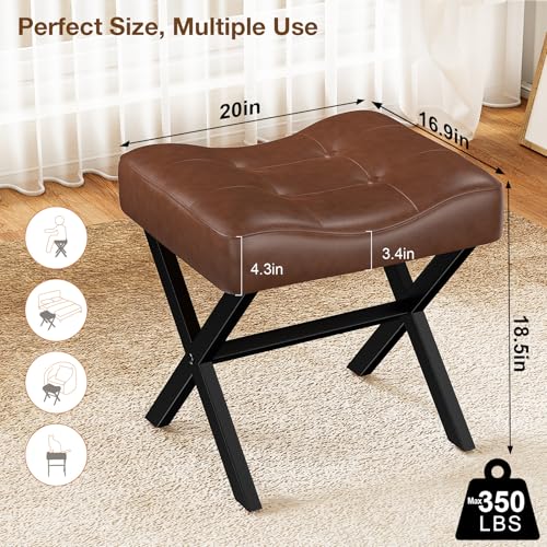 18-Inch Large Leather Vanity Stool Chair, Dark Brown Makeup Stool | Vanity Bench, Metal X-Leg, 350 LBS, 20"x16.9"x18", Ottoman Accent Stool, Thick Padded Saddle Seat, For Living Room Bedroom - size: Large, style: Dark Brown Leather