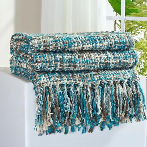 Multi-Color Cable Woven Throw Blanket for Couch - 60"X80" | Multicolored Boho Style,Super Soft Warm Cozy Chunky Blankets with Decorative Tassels for Bed and Sofa,Teal - color: Multi-color Teal, size: 60"x80"