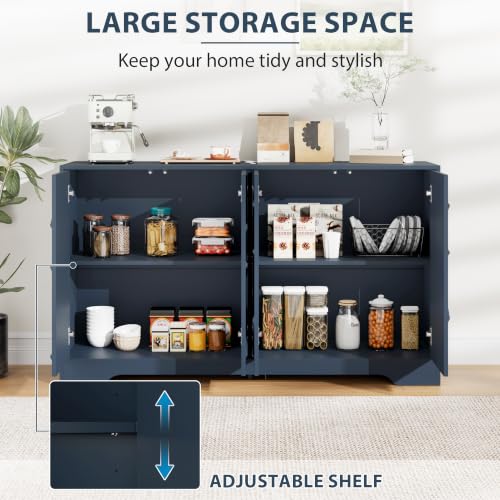 Godchoices 56" Sideboard Buffet Cabinet with Storage, Modern Accent Credenza with Wavy Doors & Adjustable Shelf, Console Cabinet for Kitchen,Living Room,Dining Room,Entryway,Hallway - color: 56" Blue