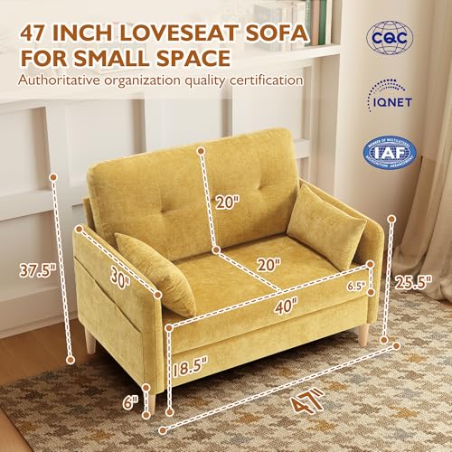 Urhanherry 47" Small Sofa Couch for Bedroom, Soft Chenille loveseat Mini Couch with Throw Pillow and Removable Cushion Cover for Small Spaces, Living Room, Apartment, Dorm, Office(Yellow) - color: Yellow