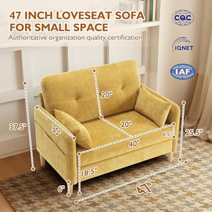 Urhanherry 47" Small Sofa Couch for Bedroom, Soft Chenille loveseat Mini Couch with Throw Pillow and Removable Cushion Cover for Small Spaces, Living Room, Apartment, Dorm, Office(Yellow) - color: Yellow