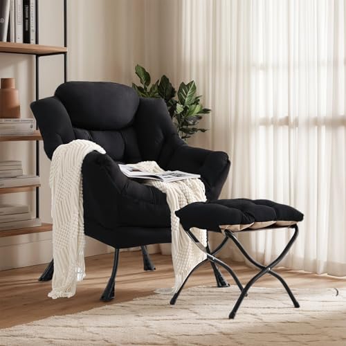 Lazy Chair with Ottoman, Soft Comfy Chair for Bedroom, Black | Reading Accent Lounge Chair with folding Foot Stool for Living Room Dorm Apartment, sturdy metal frame - color: Black