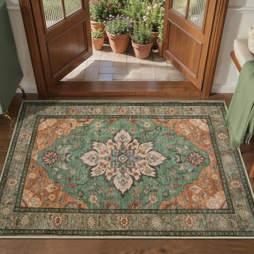 Tangsoo 2x3 Washable Rugs for Entryway, Vintage Non Slip Small Area Rug | Oriental Indoor Front Door Rug Mat, Soft Low Pile Print Small Carpet Throw Rugs for Entry Entrance Kitchen Bedroom Tan/Green - color: Tan/Green, size: 2' X 3' (Rectangular)