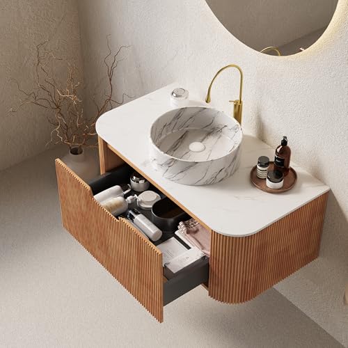 36” Floating Bathroom Vanity with Sink, Fluted Wall-Mounted Solid Wood Cabinet, Marble-Pattern Ceramic Round Basin, Faux Marble Top, Soft-Close Drawer, Pre-Assembled, Natural Woodgrain - color: 01 - Natural Woodgrain, size: 36"