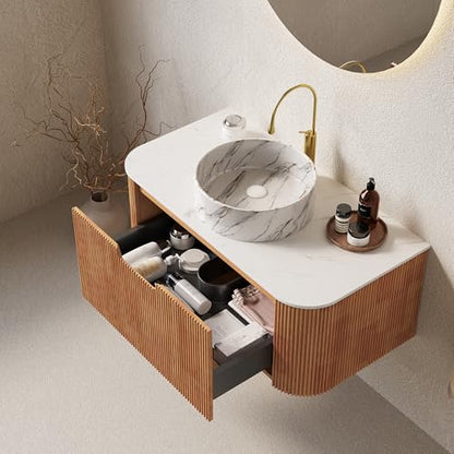 36” Floating Bathroom Vanity with Sink, Fluted Wall-Mounted Solid Wood Cabinet, Marble-Pattern Ceramic Round Basin, Faux Marble Top, Soft-Close Drawer, Pre-Assembled, Natural Woodgrain - color: 01 - Natural Woodgrain, size: 36"