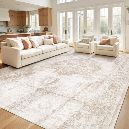 Area Rug 10x12 Vintage Rug: Large Washable Indoor Medallion Rugs Low Pile Distressed Floor Carpet Retro Accent Rug for Living Room Bedroom Dining Room Home Office(Beige, 10'x12') - color: Beige, size: 10' x 12' (Rectangular)